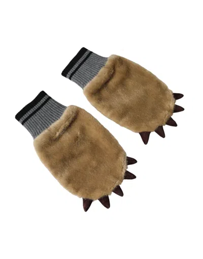 Dolce & Gabbana Beige Acrylic Knitted Fur Wrist Mitten Women's Gloves In Brown