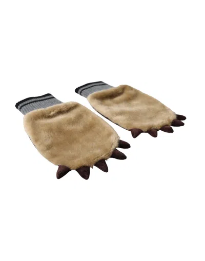 Dolce & Gabbana Beige Acrylic Knitted Fur Wrist Mitten Women's Gloves In Brown
