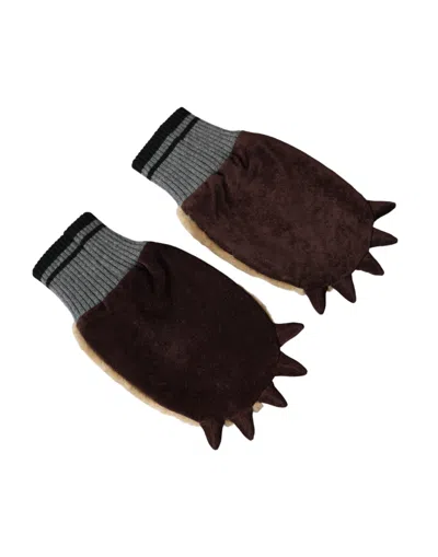 Dolce & Gabbana Beige Acrylic Knitted Fur Wrist Mitten Women's Gloves In Brown
