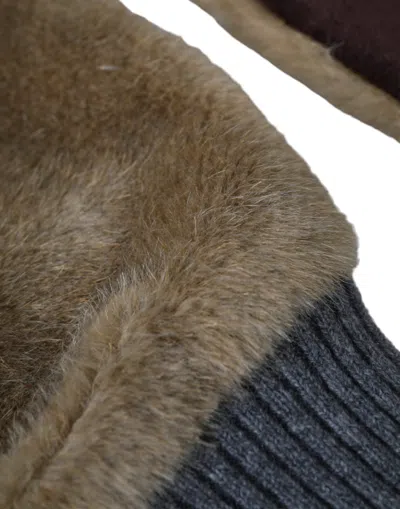Dolce & Gabbana Beige Acrylic Knitted Fur Wrist Mitten Women's Gloves In Brown