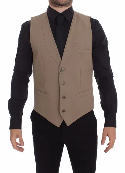 Dolce & Gabbana Beige Cotton Slim Fit Button Front Dress Men's Vest In Neutral