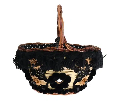 Dolce & Gabbana Beige Straw Snakeskin Pom Pom Crystal Agnese Women's Bag In Multi