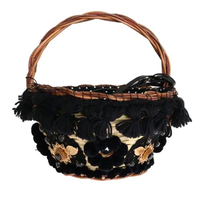 Dolce & Gabbana Beige Straw Snakeskin Pom Pom Crystal Agnese Women's Bag In Multi