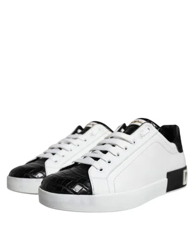 Pre-owned Dolce & Gabbana Black Leather Logo Portofino Sneaker Men's Shoes () In Multi