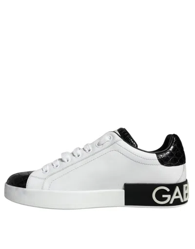 Pre-owned Dolce & Gabbana Black Leather Logo Portofino Sneaker Men's Shoes () In Multi