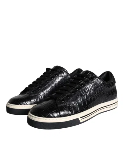 Dolce & Gabbana Black Leather Men Low Top Sneakers Men's Shoes In Black