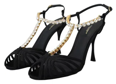 Dolce & Gabbana Black Satin Clear Crystal T-strap Sandal Women's Shoes In Black