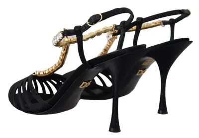 Dolce & Gabbana Black Satin Clear Crystal T-strap Sandal Women's Shoes In Black