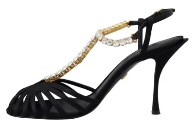 Dolce & Gabbana Black Satin Clear Crystal T-strap Sandal Women's Shoes In Black