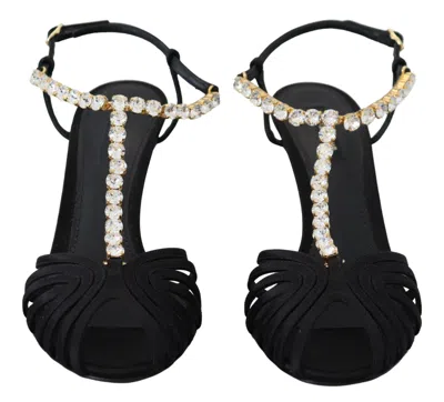 Dolce & Gabbana Black Satin Clear Crystal T-strap Sandal Women's Shoes In Black
