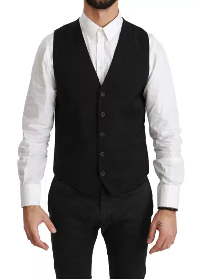 Pre-owned Dolce & Gabbana Black Wool Stretch Waistcoat Formal Dress Men's Vest ()