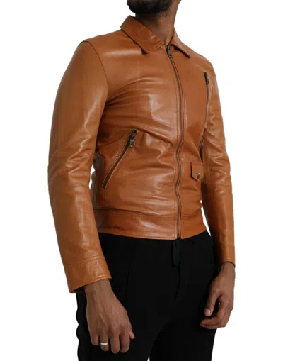 Dolce & Gabbana Brown Lamb Leather Full Zip Blouson Men's Jacket In Brown