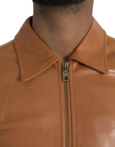 Dolce & Gabbana Brown Lamb Leather Full Zip Blouson Men's Jacket In Brown