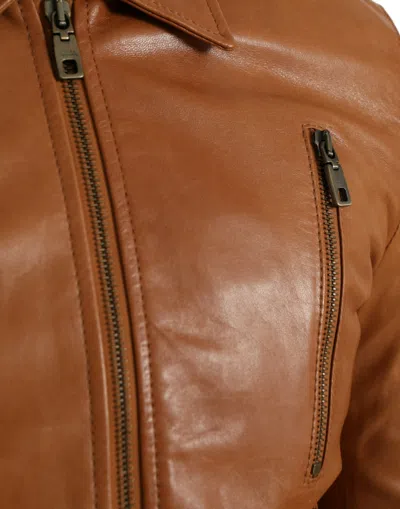 Dolce & Gabbana Brown Lamb Leather Full Zip Blouson Men's Jacket In Brown