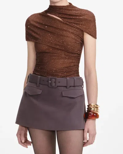 Self-portrait Brown Rhinestone Mesh Cut Out Top In Brown