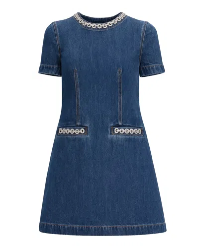 Self-portrait Denim Crystal Trim Mini Dress In Blue