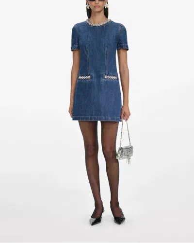 Self-portrait Denim Crystal Trim Mini Dress In Blue