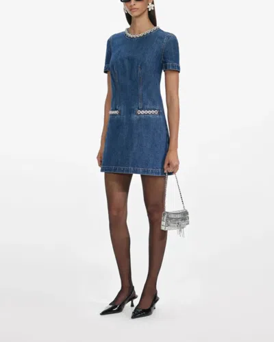 Self-portrait Denim Crystal Trim Mini Dress In Blue
