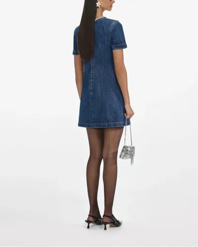 Self-portrait Denim Crystal Trim Mini Dress In Blue