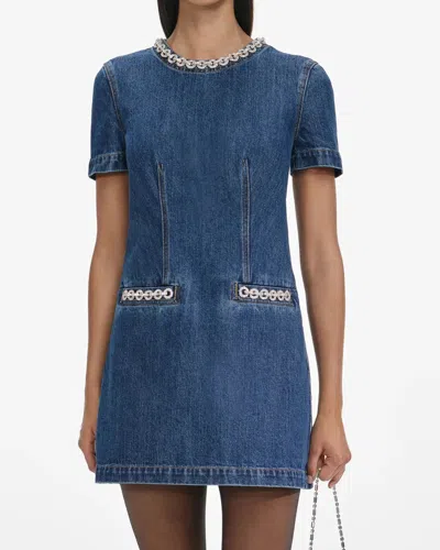 Self-portrait Denim Crystal Trim Mini Dress In Blue