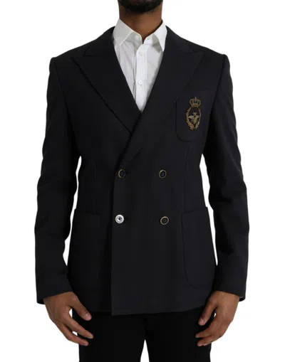 Dolce & Gabbana Dark Blue Crown Bee Double Breasted Men's Blazer In Blue