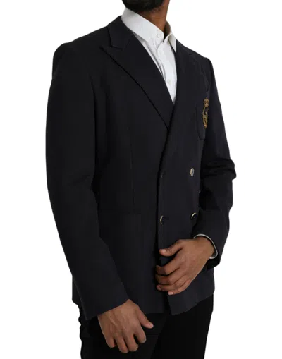 Dolce & Gabbana Dark Blue Crown Bee Double Breasted Men's Blazer In Blue