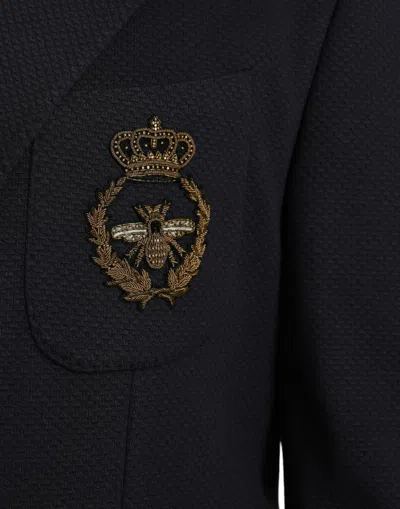 Dolce & Gabbana Dark Blue Crown Bee Double Breasted Men's Blazer In Blue