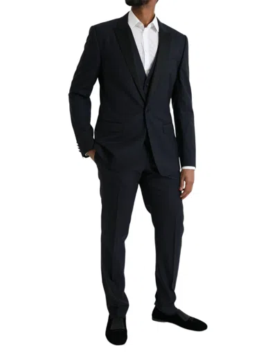 Dolce & Gabbana Dark Blue Martini Wool Formal 3 Piece Men's Suit In Blue