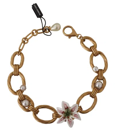 Dolce & Gabbana Gold White Lily Floral Chain Statement Women's Necklace In Gold