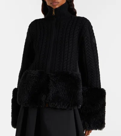 Moncler Cable-knit Wool-blend Cardigan In Black