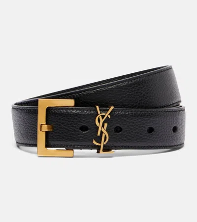 Saint Laurent Monogramme Textured-leather Belt In Black