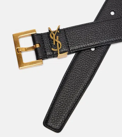 Saint Laurent Monogramme Textured-leather Belt In Black