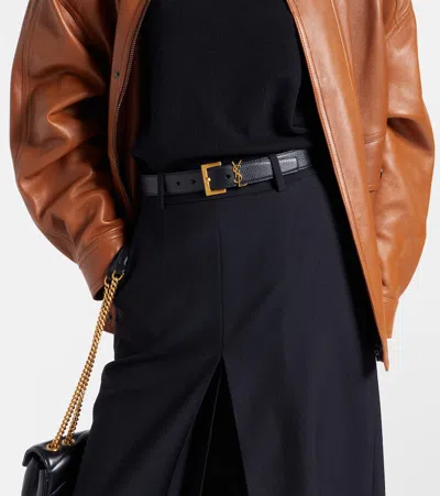 Saint Laurent Monogramme Textured-leather Belt In Black