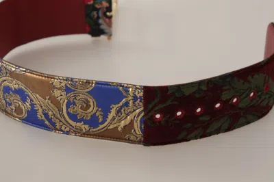 Dolce & Gabbana Red Embroidered Leather Gold Logo Metal Buckle Belt In Gray