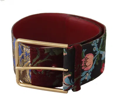 Dolce & Gabbana Red Embroidered Leather Gold Logo Metal Buckle Belt In Gray