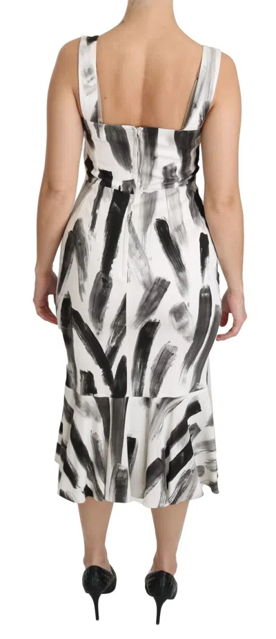 Dolce & Gabbana White Black Printed Sheath Midi Viscose Dress In White