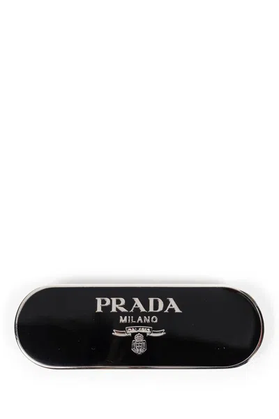 Prada Enameled Hair Clip With Logo In Black