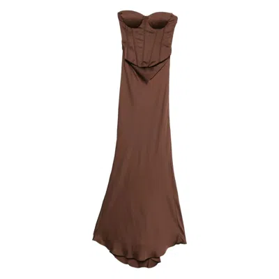 Rotate Birger Christensen Strapless Satin Corset Maxi Dress In Brown