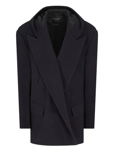 Balenciaga Men Short Coat With Hood In Blue