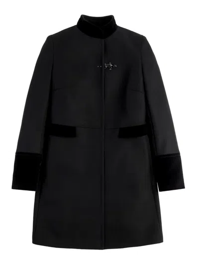 Fay Structured Black Coat With Velvet Accents And High Collar In Black