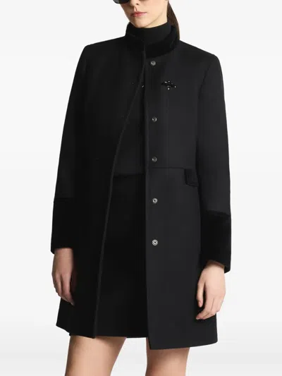 Fay Structured Black Coat With Velvet Accents And High Collar In Black