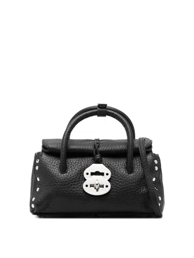 Zanellato Structured Black Hammered Leather Bag With Twist Lock Closure In Black