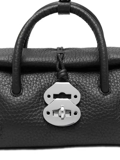 Zanellato Structured Black Hammered Leather Bag With Twist Lock Closure In Black
