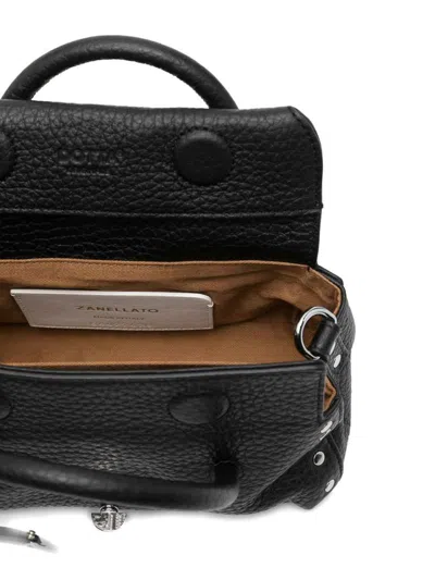 Zanellato Structured Black Hammered Leather Bag With Twist Lock Closure In Black