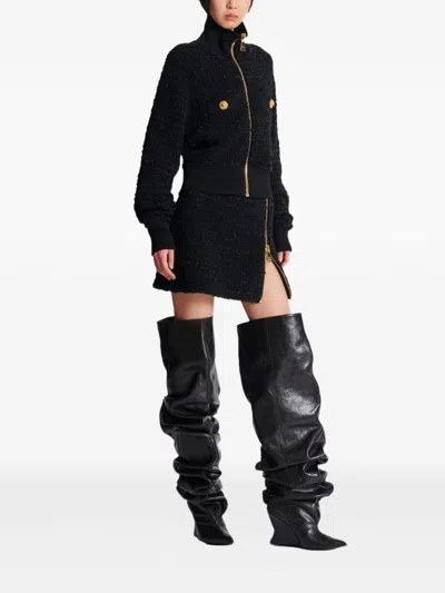 Balmain Textured Fabric Short Jacket With High Collar In Black