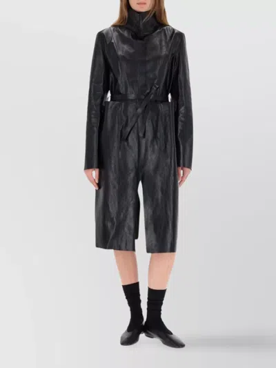 Our Legacy Leather Texture Long Sleeve Belted Coat In Black