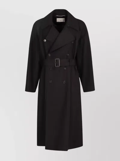 Saint Laurent Long Wool Coat With Belt And Pockets In Black