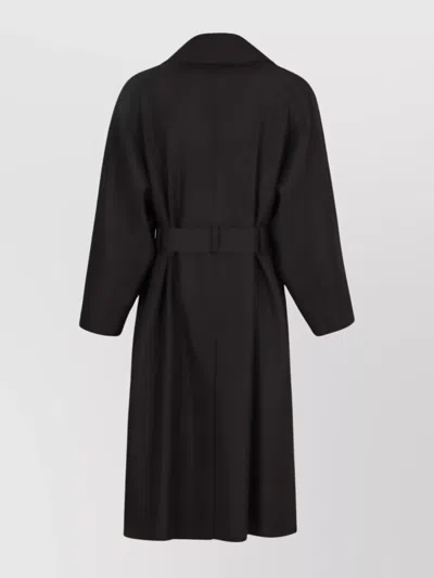 Saint Laurent Long Wool Coat With Belt And Pockets In Black