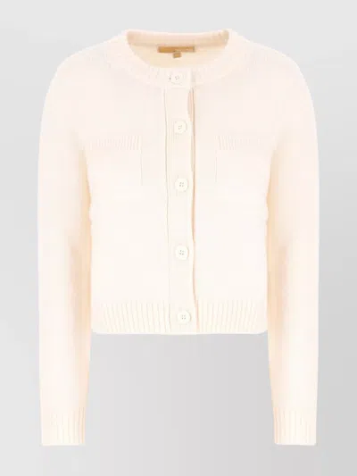 Michael Kors Wool Cardigan With Crew Neck And Patch Pockets In Neutral