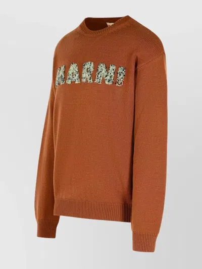 Marni Ribbed Cuff Long Sleeve Virgin Wool Sweater In Brown